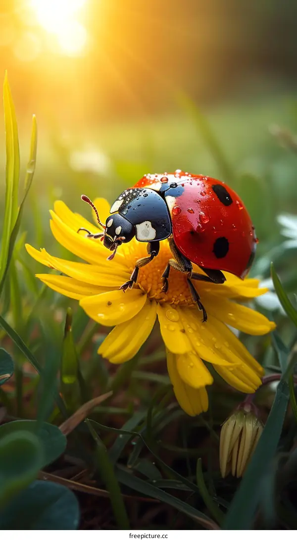 A red ladybug on a yellow flower
