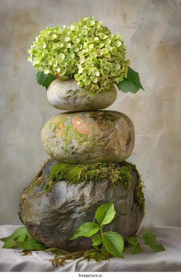 Stack of Rocks and Green Flowers