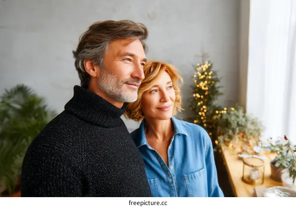 Couple Looking Out a Window During Christmas Season