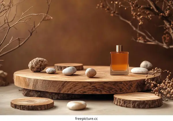 Natural Wood Display Stand with Perfume Bottle
