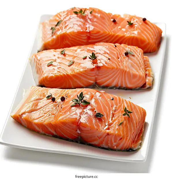 Salmon fillets seasoned with herbs and peppercorns