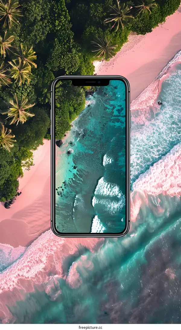 Phone Screen with Aerial View of Ocean and Beach