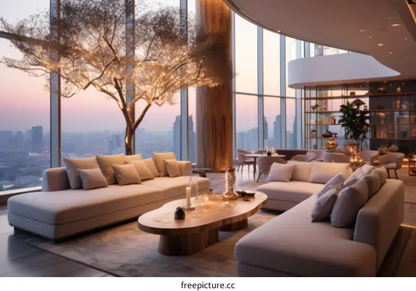 Modern luxury living room interior with panoramic city view