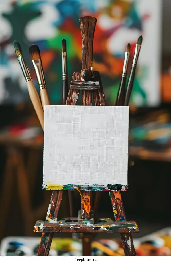 Blank Canvas On Easel With Paintbrushes
