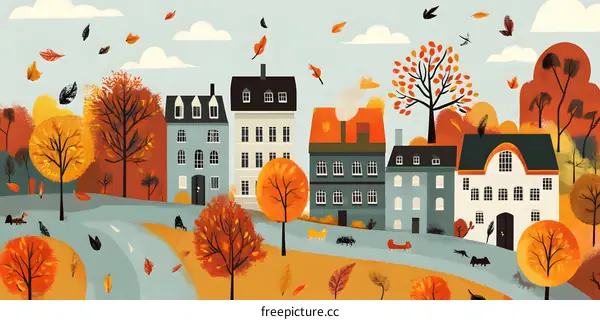 Autumn Illustration of Cityscape with Colorful Leaves