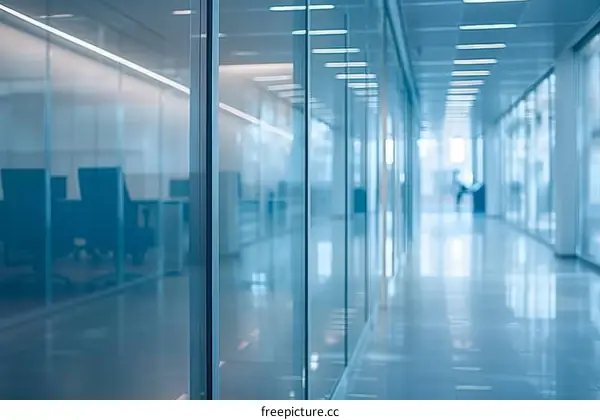An empty modern office hallway with glass walls