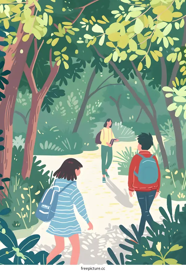 Three Friends Walking in a Lush Green Forest