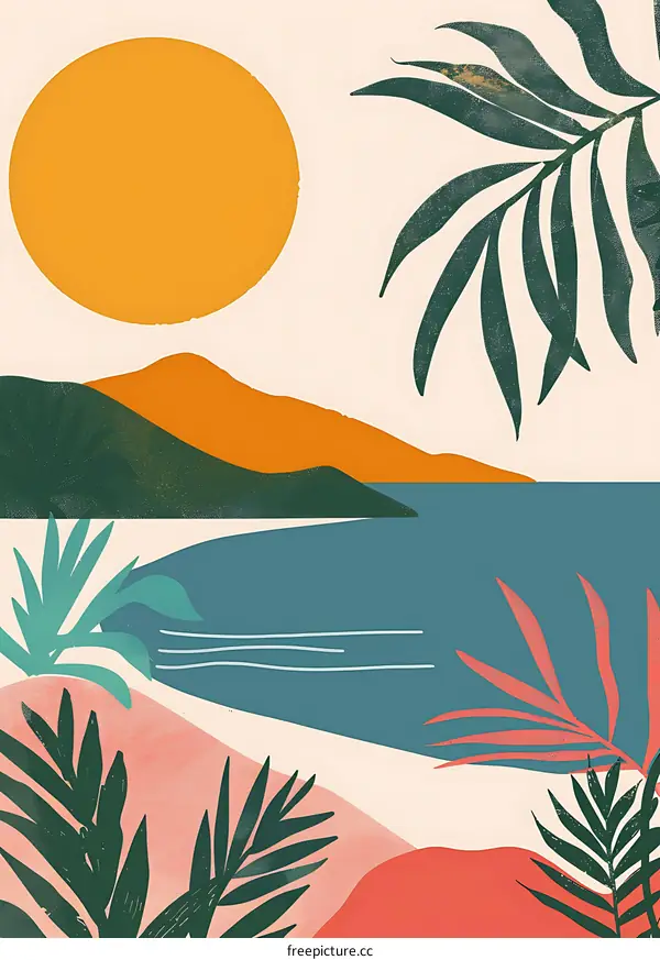 Abstract Tropical Sunset Landscape Illustration