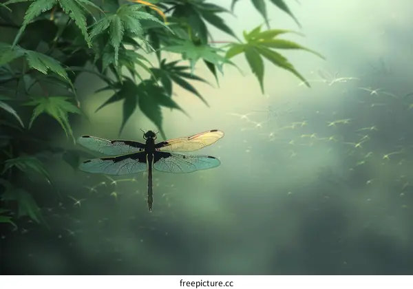Dragonfly Perched on a Leaf in a Lush Garden