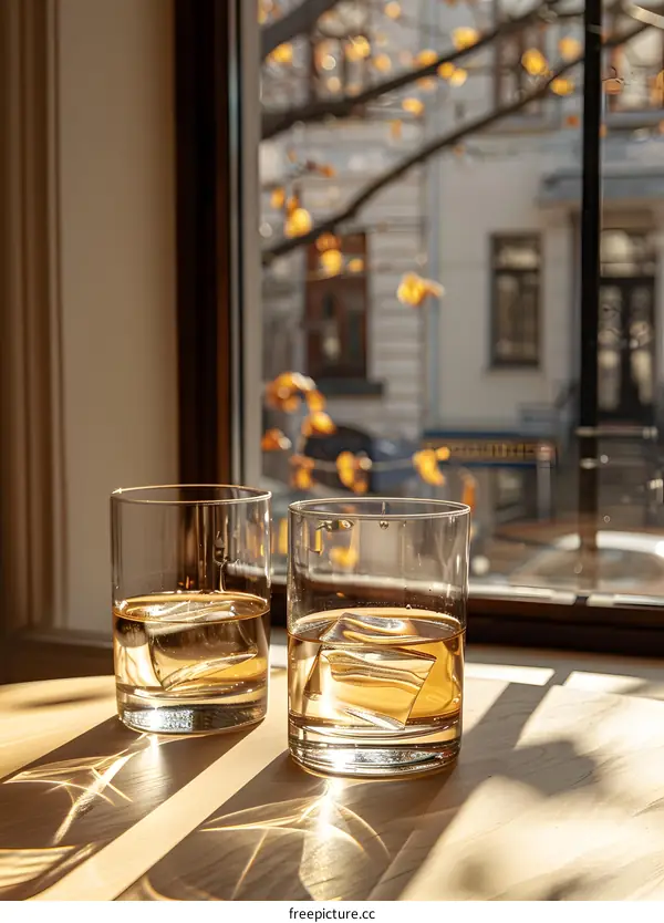 Two Glasses of Whiskey with Ice on a Table Beside a Window