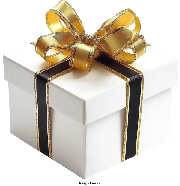 [Transparent Background PNG]Elegant White Gift Box with Gold and Black Ribbon