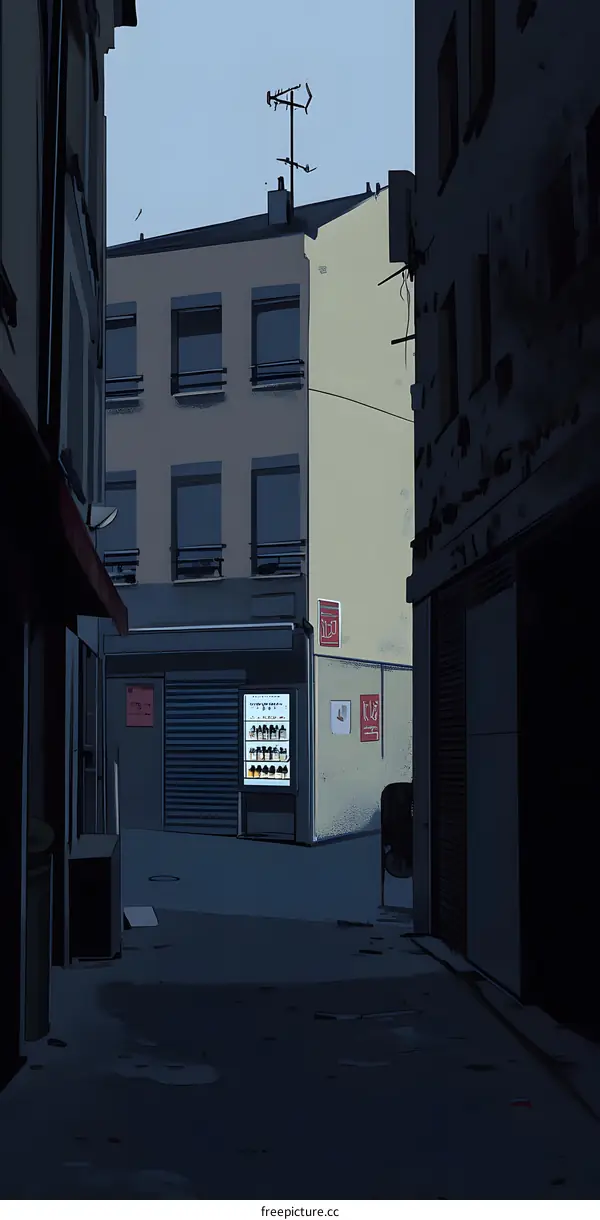 Dark Alleyway in City with Building and Vending Machine
