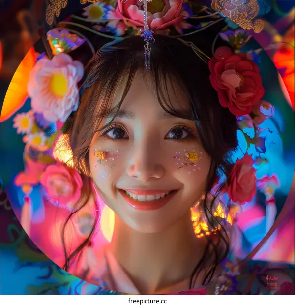 A young Asian woman with flowers in her hair smiles.