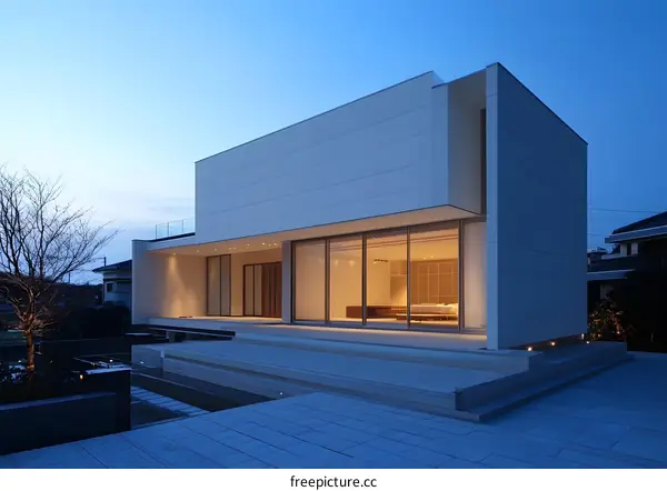 Modern White House With Large Windows and Stone Patio