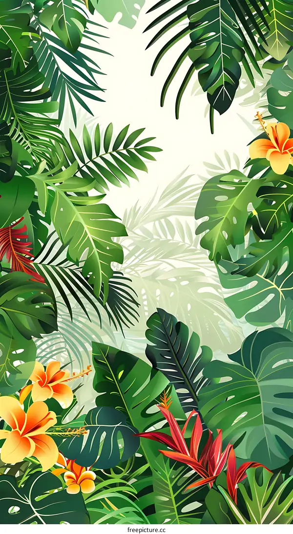 Tropical Green Leaves and Flowers Background