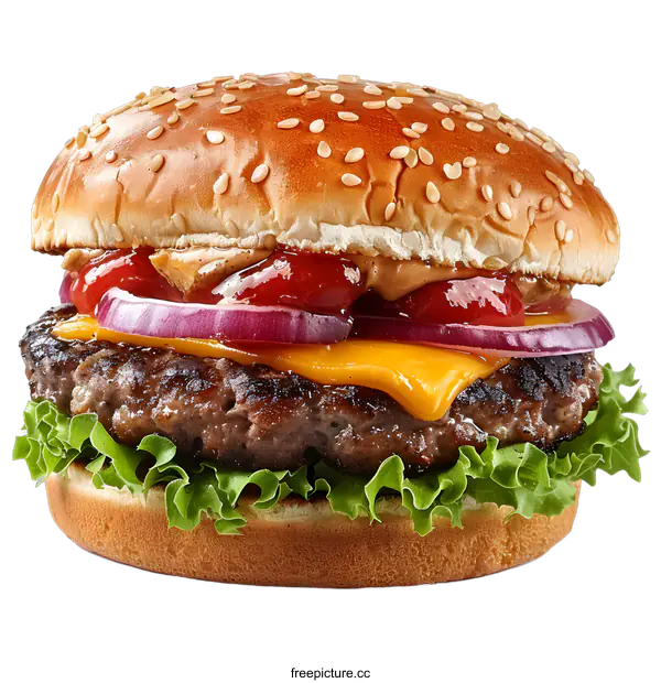 [Transparent Background PNG]Classic Cheeseburger with Lettuce Tomato Onion and Sesame Seed Bun