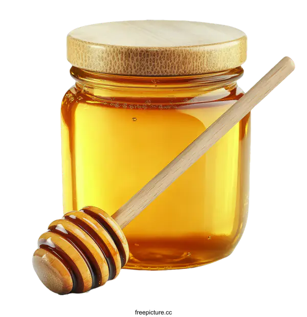 [Transparent Background PNG]Honey Jar with Wooden Dipper on White Background
