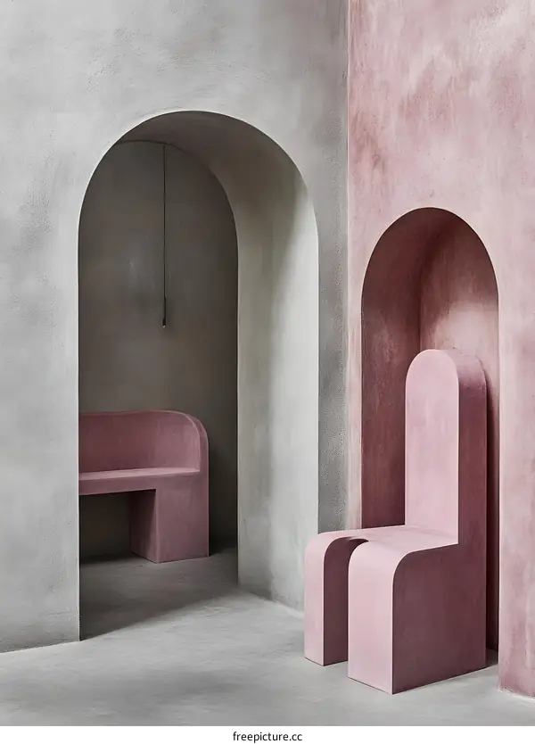 Minimalist Pink Chair and Bench in Arched Room Interior