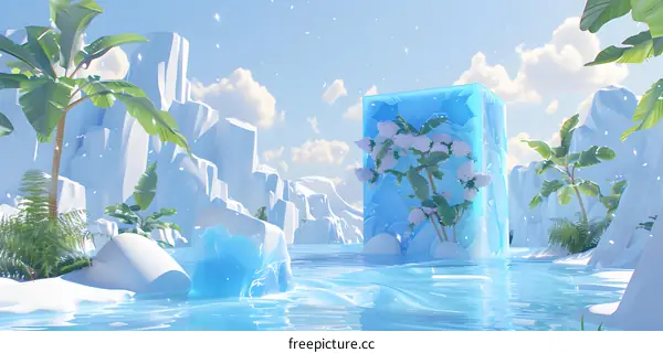 Iceberg with Tropical Plants and a Glass Block