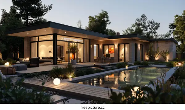 Modern House with Pool at Sunset