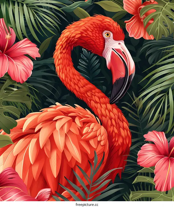 Tropical Flamingo Illustration With Hibiscus Flowers