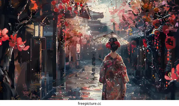 A woman in a kimono walking down a street in Japan