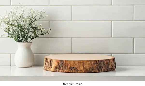 Elegant White Tile Background with Wooden Slice Display