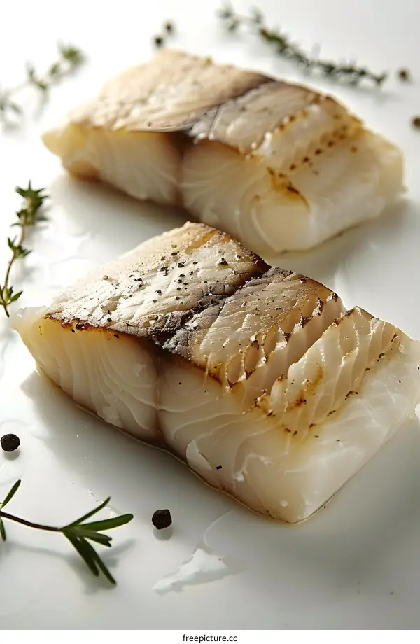 Grilled cod fillets with thyme and peppercorns