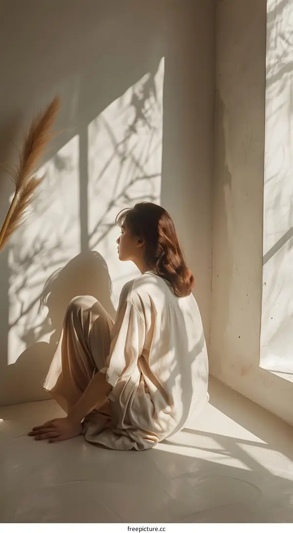 Woman Sitting In Sunlight with Shadow