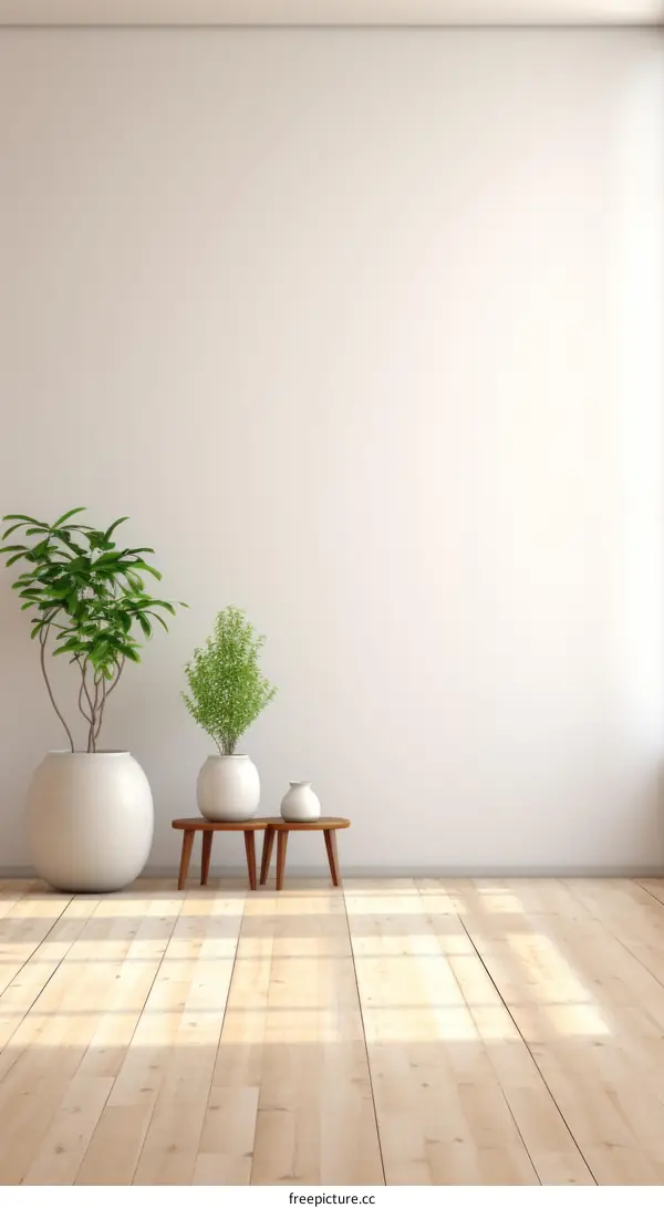 An empty room with a wooden floor and two plants in pots