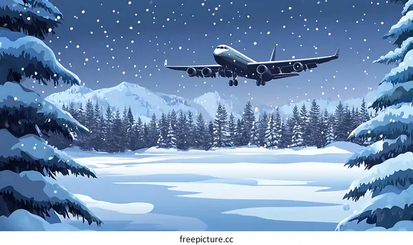 Snowy Winter Landscape with Airplane Landing