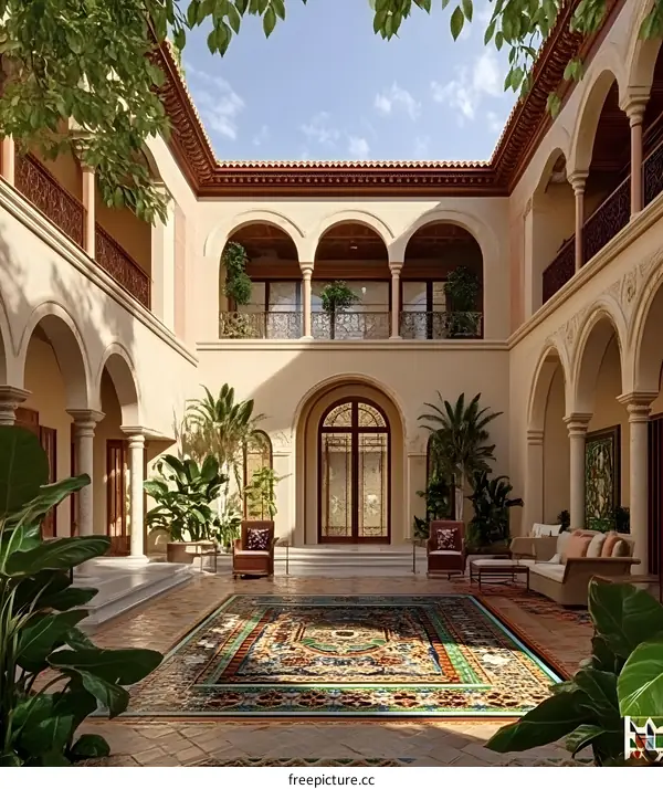 Mediterranean Style Patio with Arched Windows and Colorful Rug