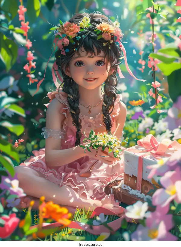 An illustration of a girl sitting in a garden