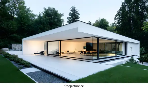 Modern Architecture House with Large Windows and Green Lawn