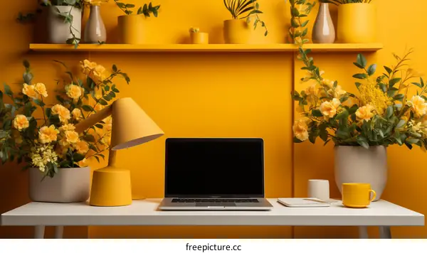 A desk with a laptop, a lamp, and a vase of flowers