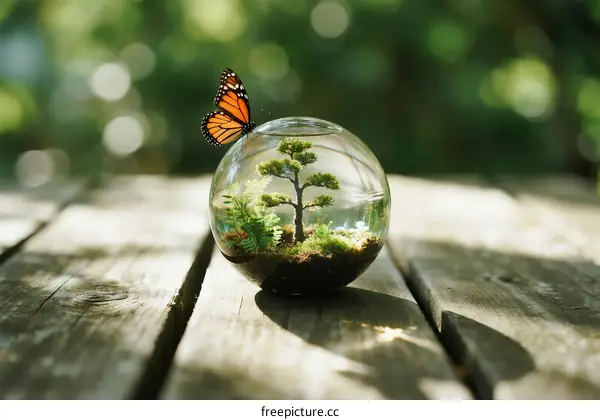 Monarch Butterfly on Glass Terrarium with Miniature Tree