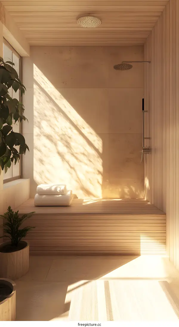 Modern Minimalist Bathroom Shower Design With Wooden Walls and Floor