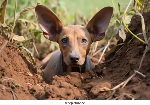 brown small dog with big ears looking out of a hole in the ground