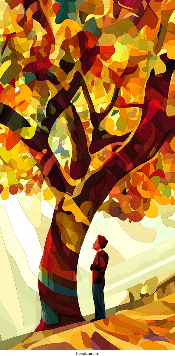 Man Looking Up at a Large Tree in Autumn