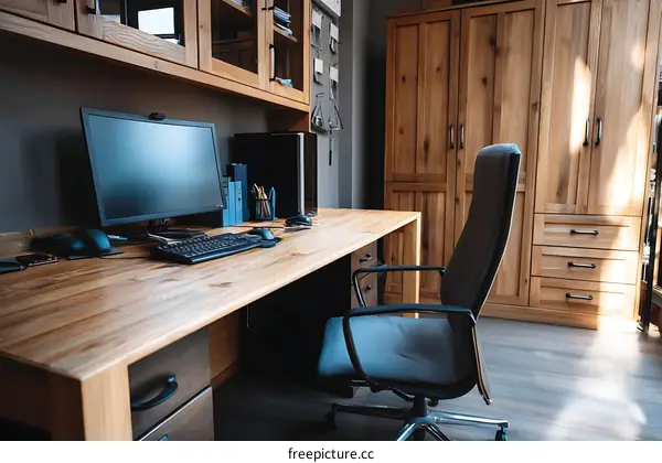 Modern Wooden Office Desk Setup with Computer