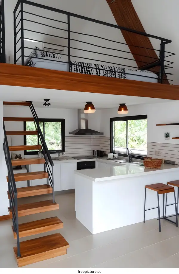 Modern Kitchen Design with Loft Bedroom and Wooden Stairs