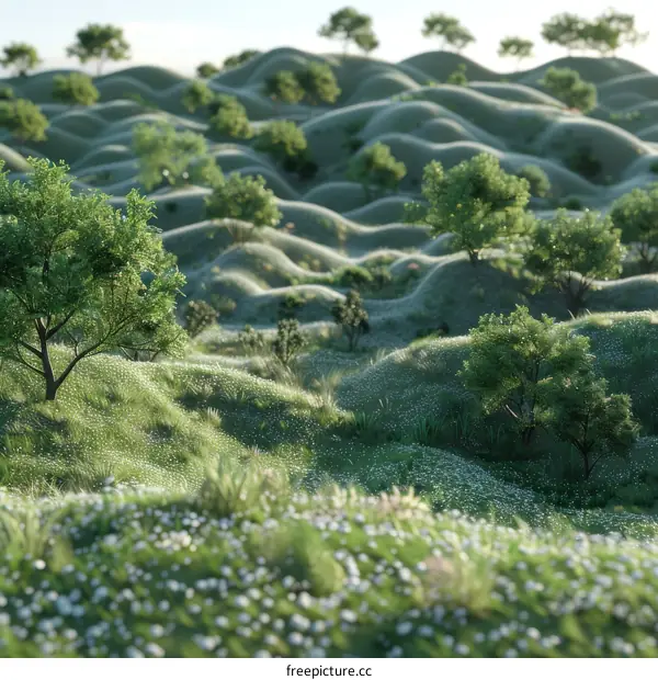 Rolling Green Hills with Trees and White Flowers