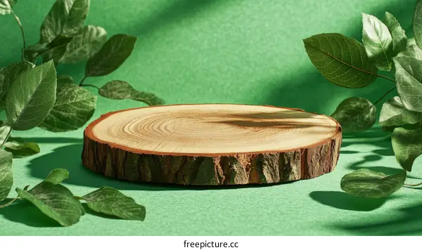 Wooden Slice Display Stand with Green Leaves