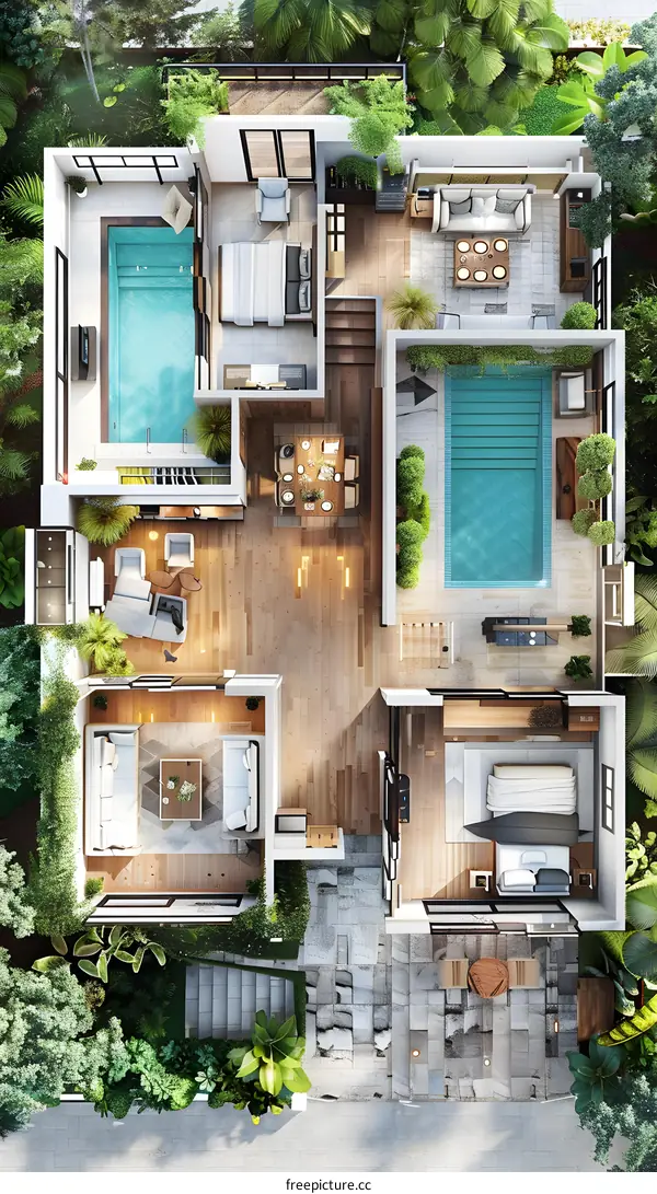 Top view of a modern house with swimming pool
