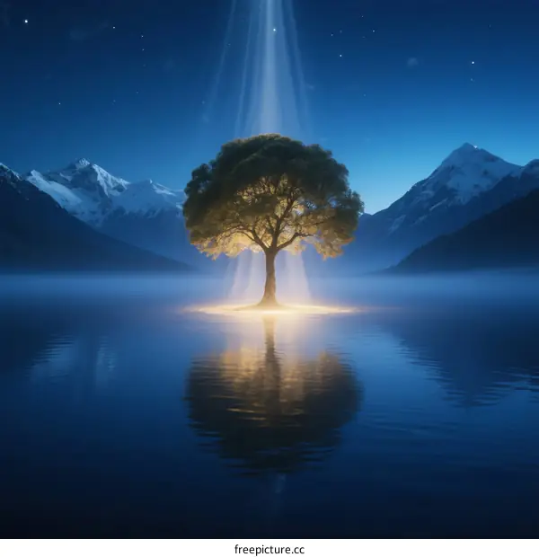 A solitary tree illuminated by divine light in a serene mountain lake at night