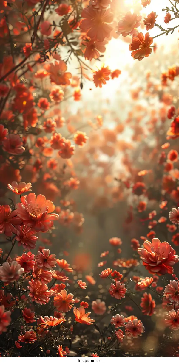 A sea of vibrant red cosmos flowers bathed in the golden glow of sunset