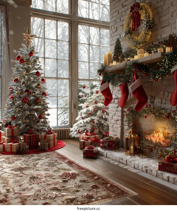 Festive Christmas living room interior with decorated tree, fireplace and gifts