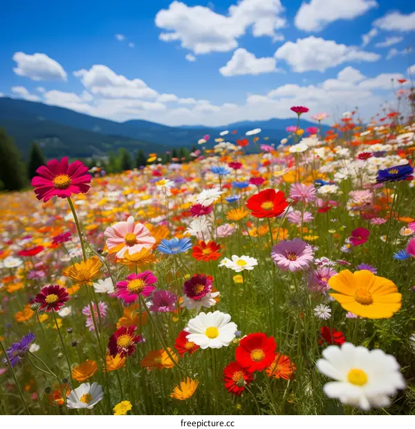 Field of colorful daisies under a blue sky