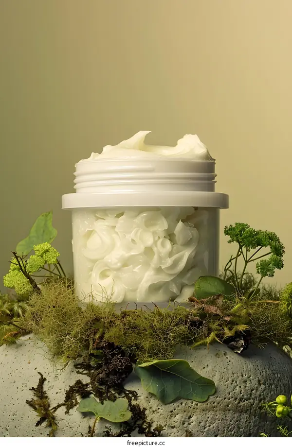 White Cream in Jar on Rock with Green Moss and Leaves