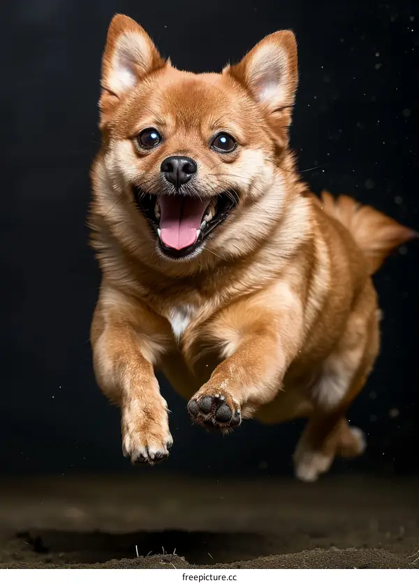 A happy brown small dog is running with its tongue out